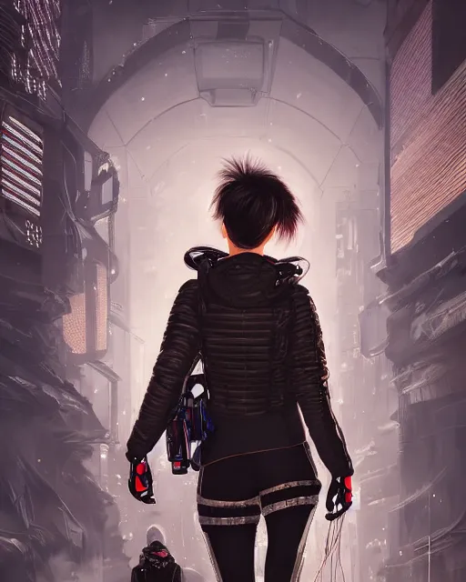 Prompt: detailed portrait guard woman with short brown hair seen from the back, cyberpunk futuristic, reflective puffer jacket, black leggings, decorated with traditional ornaments in front of a dystopian crowd with piles of garbage perfect face, fine details, realistic shaded, fine - face, pretty face by rossdraws