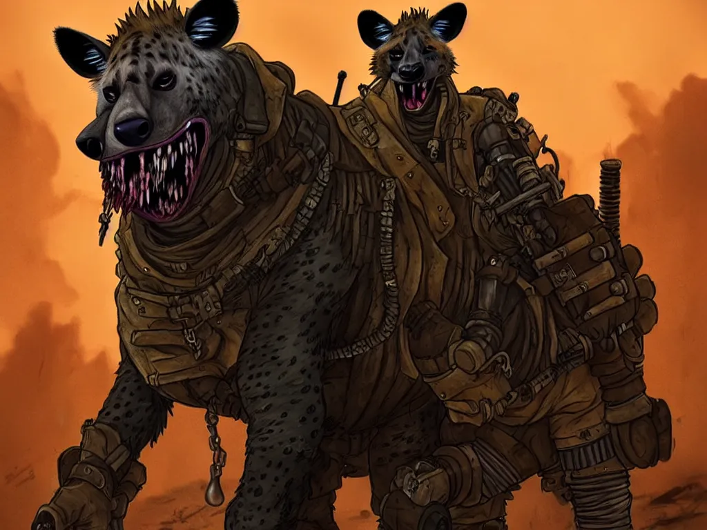 Image similar to a good ol'hyena fursona ( from the furry fandom ), heavily armed and armored facing down armageddon in a dark and gritty version from the makers of mad max : fury road. witness me.