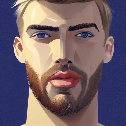 Image similar to tall chunky man in his twenties with brown blond short regular haircut and round facial structure with cleft chin, straight eyebrows, big grey blue eyes, smirking, happy, slightly set back jaw, cheekbones, straight nose, wider face, slight shadow of beard, atmospheric lighting, painted, intricate, 4 k, highly detailed by charlie bowater