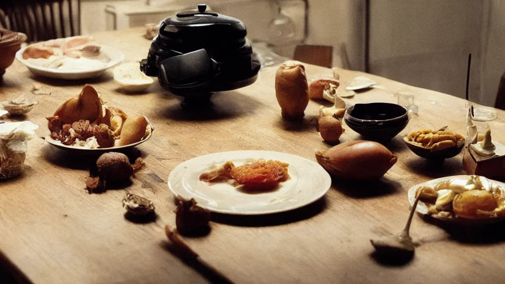 Prompt: Cursed food on the kitchen table, film still from the movie directed by Denis Villeneuve with art direction by Salvador Dalí, wide lens