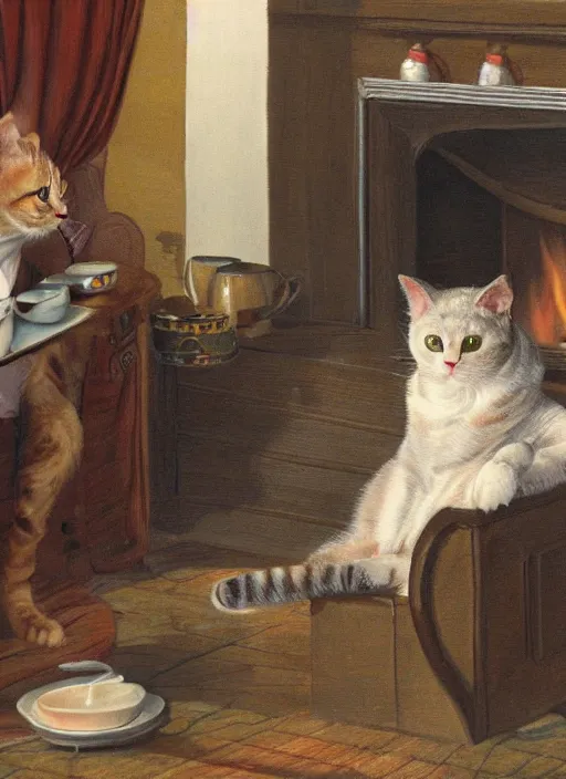 Prompt: A humanoid cat at home in a bathrobe and slippers with a cup of coffee next to the fireplace, Kenneth Grahame, 8k, hd