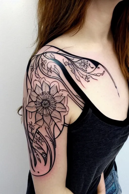 Prompt: straight mirrored minimalist art nouveau shoulder tattoo, wide, intricate detail, simple lines, flowery