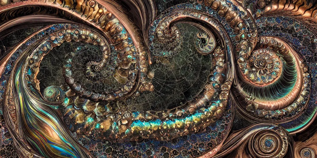 Image similar to art nouveau cresting oil slick waves, ammonite, hyperdetailed bubbles in a shiny iridescent oil slick wave, black opals, ornate copper patina spiral ornament, rococo, organic rippling spirals, hyperdetailed photorealistic ultrasharp octane render