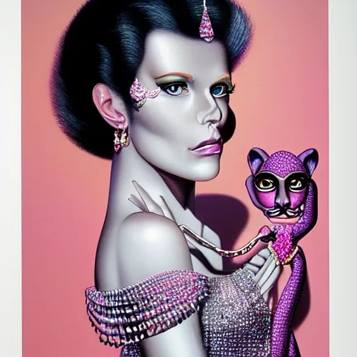 Prompt: a woman with a pink panther in her arms, wearing strong jewerly and crystals, surreal, art by peter lloyd, 1 9 8 0's art, airbrush style, art by hajime sorayama,, intricate, elegant, sharp focus, illustration, highly detailed, h 8 0 0