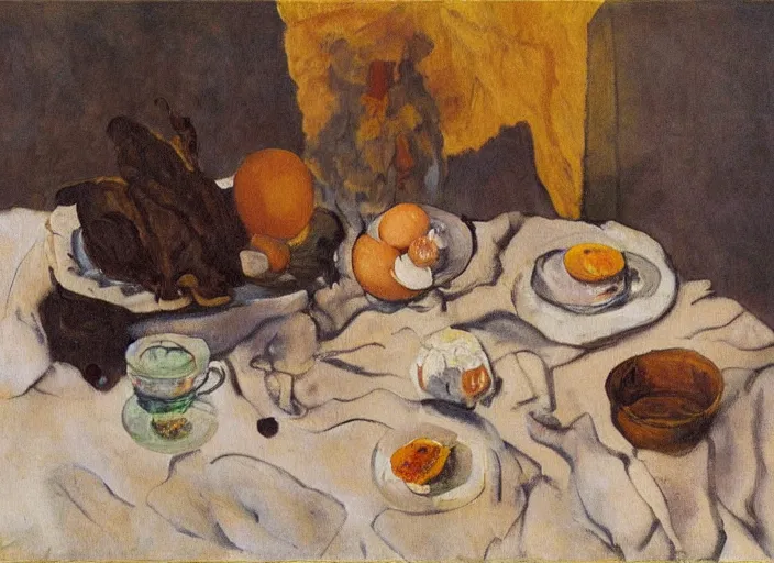 Prompt: a surreal painting of a breakfast still life, coffee, eggs, flowers, by George Baselitz, symbolist, soft colors, dramatic lighting, smooth, sharp focus, extremely detailed, aesthetically pleasing composition