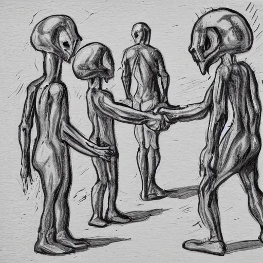 Prompt: Human and alien shaking hands in large arean full of approving onlookers, style of photo realism