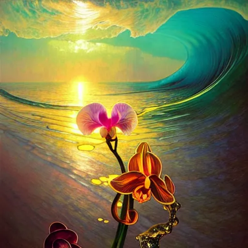 Image similar to detailed giant orchid flower surrounded by ocean wave, lsd water, lsd droplets, transparent dew, backlit, sunset, refracted lighting, art by collier, albert aublet, krenz cushart, artem demura, alphonse mucha