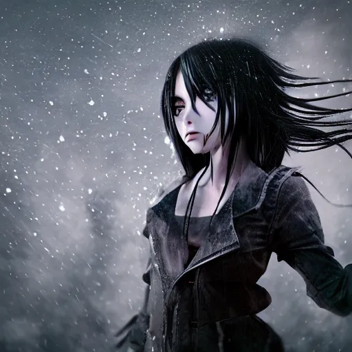 Image similar to photorealistic full shot of masterpiece angry darkness anime girl, beautifull lovely eyes, electric aura with particles, darkness background, inspired by tim burton, detailed, unreal engine 4 k, volumetric light, fog