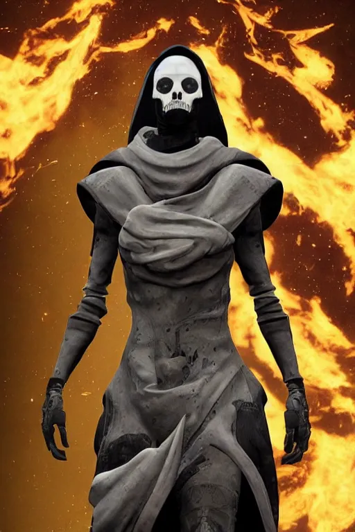 Prompt: Destiny 2 The Witness, the top of their head is becoming skulls made of smoke clouds, beautiful avant garde fashion look and clothes, we can see them from feet to head, highly detailed and intricate, hypermaximalist, techwear, luxury, elite, cinematic, designer fashion, Rick Owens, Yohji Yamamoto, Y3, ACRNYM, outfit photo, eerie fog, super villain lair interior background