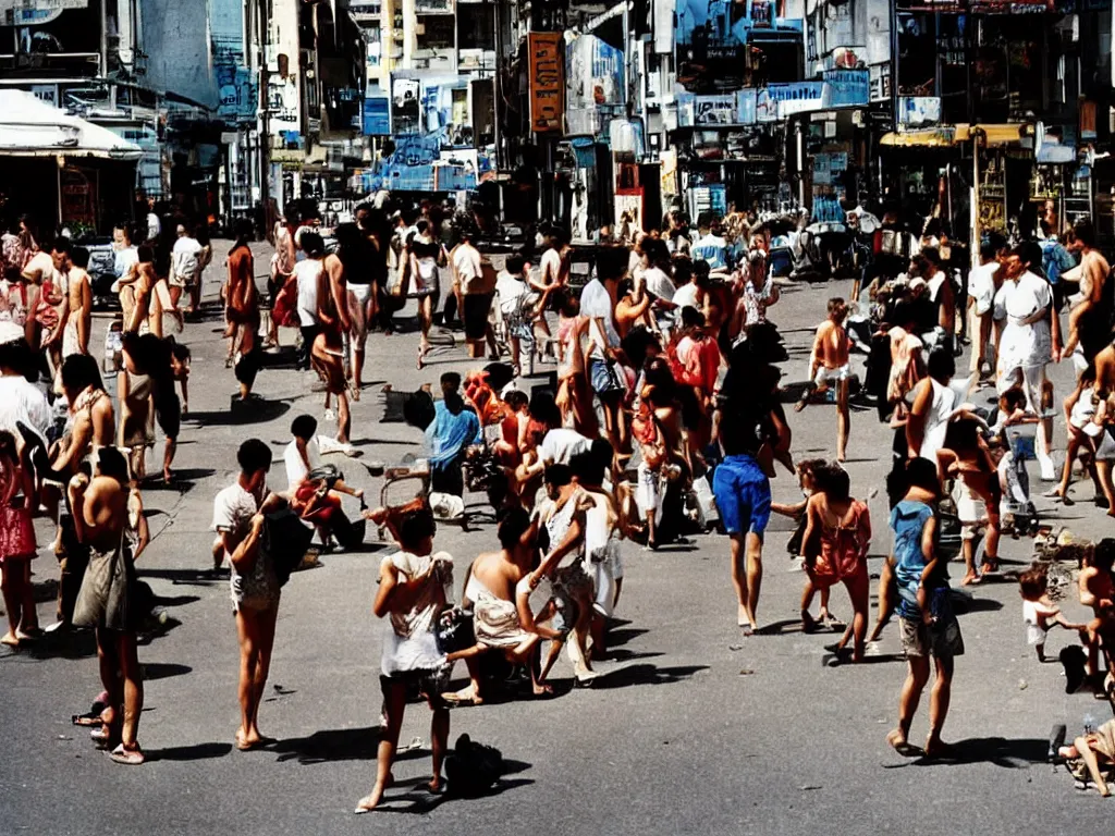 Prompt: color photography in a busy street in a heatwave, by trent parke and gruyaert