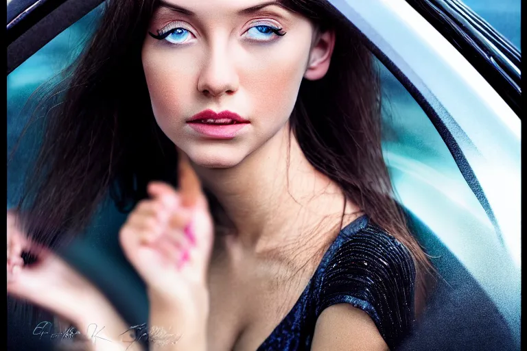 Prompt: mid shot portrait of a stunningly pretty young woman, sitting in her car, stuck in a traffic jam, tears, frustration, in the style of David Bailey , realistic, sharp focus, 8k high definition, medium format film photography, photo realistic, insanely detailed, intricate, elegant, art by les edwards and David kostic and stanley lau and artgerm