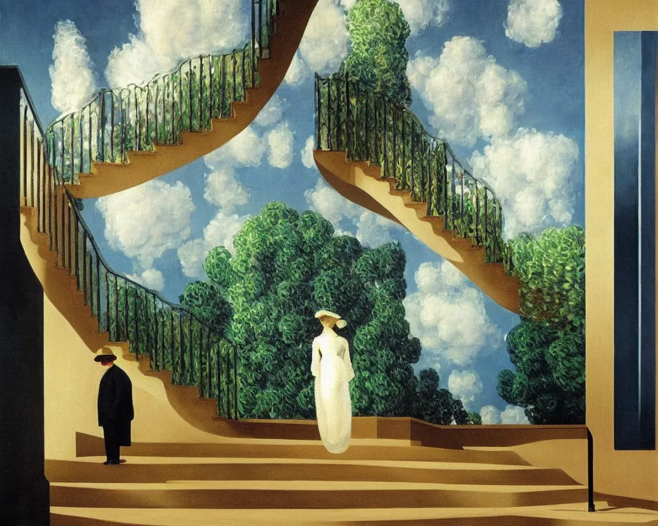 Image similar to achingly beautiful painting of a sophisticated, well - decorated, modern staircase by rene magritte, monet, and turner.