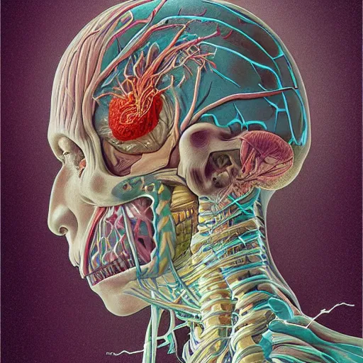 Image similar to nightmare etherreal iridescent vascular nerve bundles pearlescent spinal chord horror by naoto hattori, zdzislaw, norman rockwell, studio ghibli, anatomical cutaway