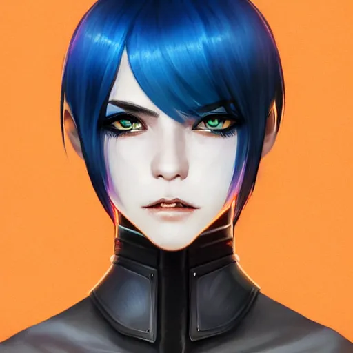 Image similar to illustrated realistic tilted head portrait human female prong-horned with blue bob hair and solid black-eyes black sclera wearing strap leather armor, orange glow, backlit by rossdraws