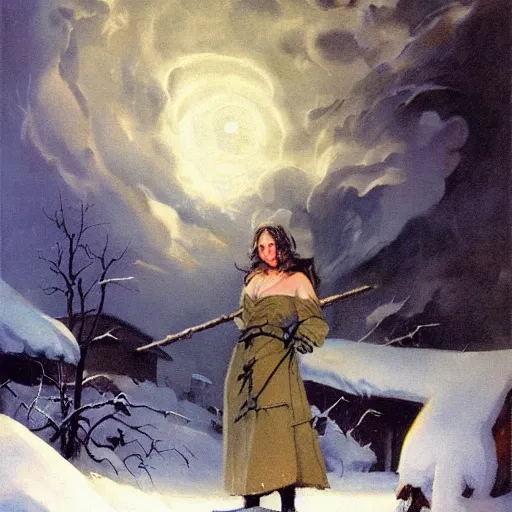 Image similar to ultra realistic portrait painting of a witch in the snow by a fire, art by frank frazetta, vintage levi ’ s ad, stormy weather, dark vibes, 4 k, ultra realistic, highly detailed, epic lighting