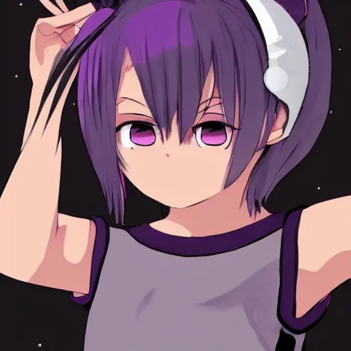 Image similar to anime girl with short purple hair and cat ears and a black tank top, aesthetic