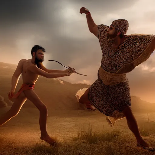 Image similar to photographic portrait of angered Mediterranean skinned man in ancient Canaanite clothing fighting a Mediterranean skinned in ancient clothing, farm field background, sharp detail, hyper realistic, foggy atmosphere, intense facial expression, octane render