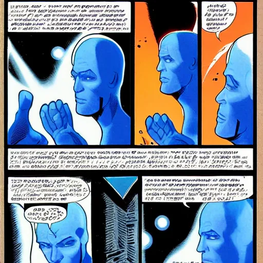 Image similar to A panel from a comic, of Doctor Manhattan reaching out his hand to create new life, in the art style of Dave Gibbons.