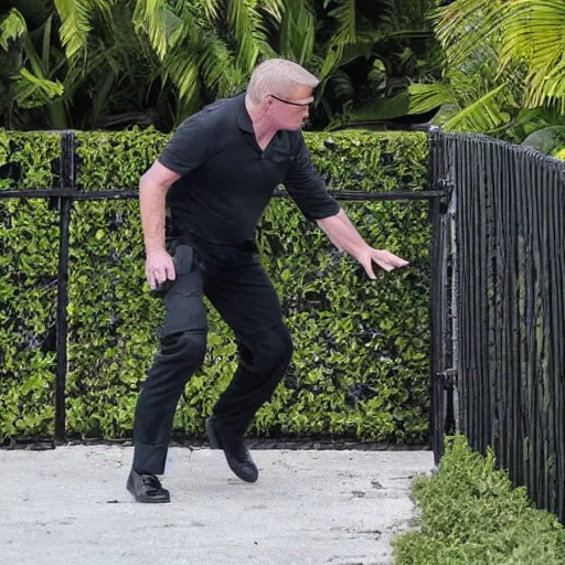 Image similar to a splinter cell tom Clancy operative scaling the fence at mar a lago to shake Donald trump's hand photo