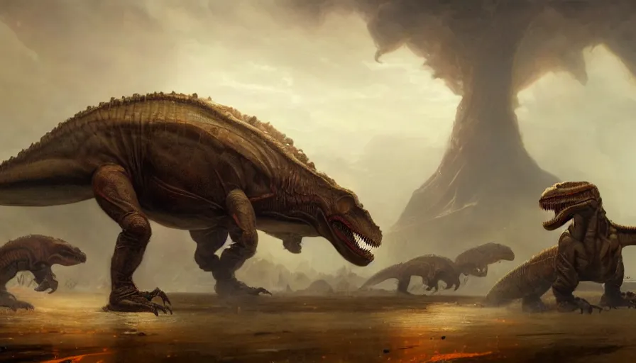 Prompt: tyrannosaurus defends its land from aliens, illustrated by Greg Rutkowski and Gaston Bussiere, 8k