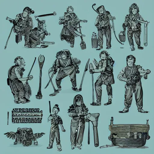 Image similar to collage of ghostbusters tools, dnd, high detail, fantasy, in the style of vintage antique illustration and line drawing or engraving - c 9. 0