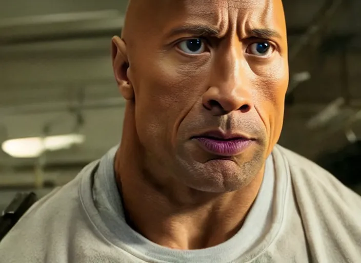 Prompt: film still of dwayne the rock johnson as eleven in the labratory in the new stranger things movie, 4 k, highly detailed face, detailed eyes