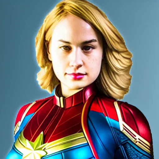 Image similar to captain marvel from the comics as a real person, 5 0 mm, studio lighting