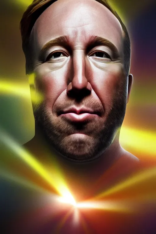 Prompt: A hyper realistic ultra realistic photograph of Alex Jones as the second coming of christ, his head surrounded by light, his face sliding off his skull by Brandon Hughes , detailed, photorealistic imagery, 8k quality, confident hes gonna beat that case, red vines and milk coming out of his nose