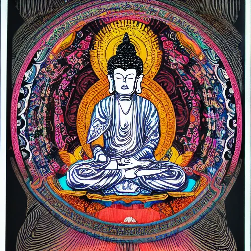 Prompt: a beautiful colorful museum print of buddha sitting under a tree mandala by gustave dore and shepard fairey and jean giraud and josan gonzales, intricate woodcut, masterpiece, trending on artstation