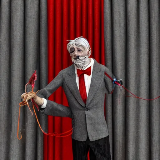 Image similar to portrait of a puppet master holding a hand string puppet marionette on strings, grey hair and a tuxedo, harsh good looking face, middle aged, surrounded by red curtains, drawn by Ruan Jia, disco elysium style, highly detailed