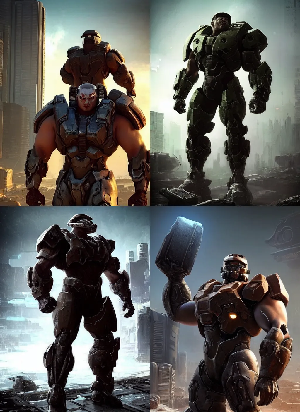 Prompt: a beefy bulky body builder warrior walking in a cyberpunk wasteland facing the camera, mjolnir armor from halo infinite without a helmet!!!!!!!!!!!!!!!!!!!!!!!!!, intricate, female face features!!!!!!!!!!!!!!!!!!!!!!!!!!!!!!!, 8K, octane render, Digital painting, concept art, illustration, sharp focus, centered, good value control, realistic shading, rational painting, rubber undersuit