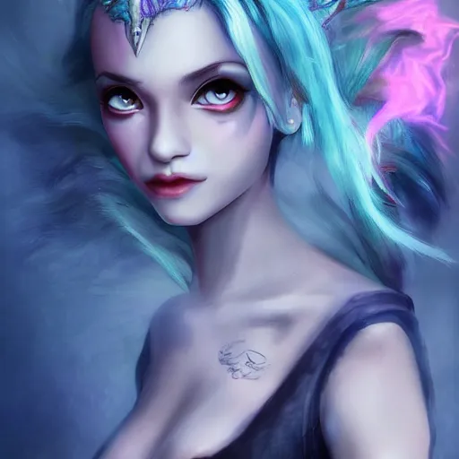 Image similar to The dragon girl portrait, portrait of young girl half dragon half human, dragon girl, dragon skin, dragon eyes, dragon crown, blue hair, long hair, highly detailed, cinematic lighting, by Luis Buñuel