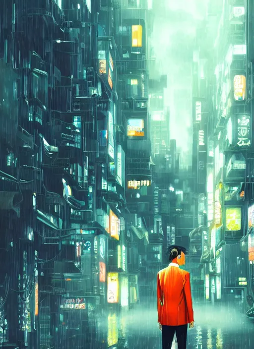 Prompt: manga cover, man with an orange fruit for a head, business suit, intricate cyberpunk city, rain, emotional lighting, character illustration by tatsuki fujimoto