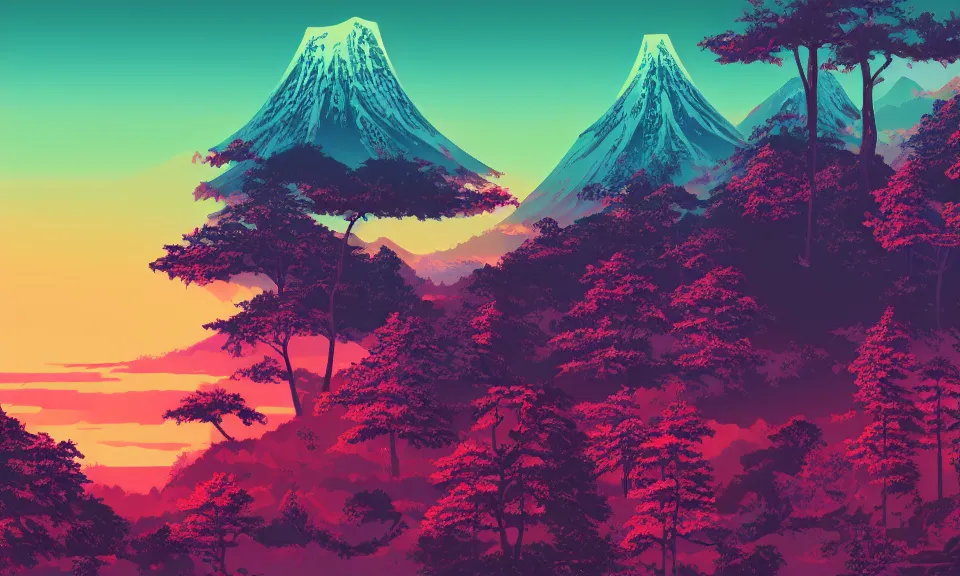 Prompt: japanese mountains and forest in vaporwave colors landscape sunset concept art 4k