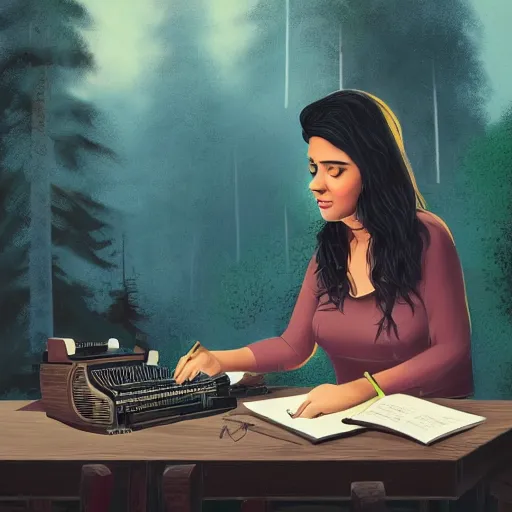 Image similar to a brown female author writing a book on a typewriter in an eerie cottage in the woods, detailed digital art, trending on artstation, realistic! 8k, anatomically correct