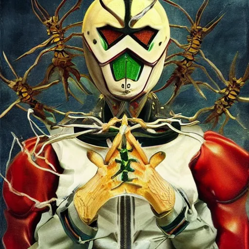 Image similar to a realistic painting by Raffaello Sanzi depicting the Kamen Rider Ichigo with the head of the symbiotic Venom in the Renaissance.