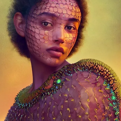 Image similar to a close - up shot of a brown woman wearing a luminous armor made of neon jelly fishes. surrounded by jelly fishes. soft lighting. fragile. haunting eyes!! coherent face!! no makeup!! muted colors. by ray caesar. by louise dahl - wolfe. by andrea kowch. surreal photography