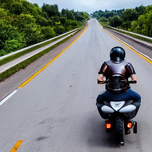 Prompt: very high quality picture of a knight riding on a motercycle, highway, wheelie, fast