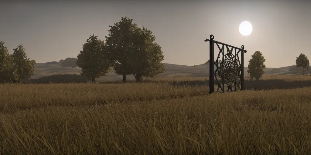 Image similar to Render of a large scale field landscape. single gate as centerpiece. Stylized. Digital art. Medieval. Highly detailed. Unreal engine 5. 8k. Evocative.