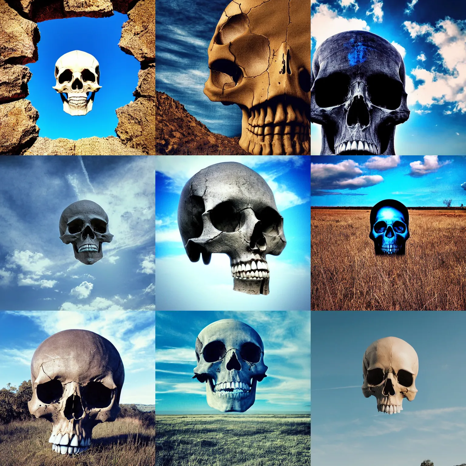 Prompt: giant skull in the day blue sky, surreal, photograph