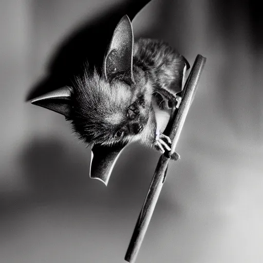 Image similar to a long exposure shot of a bat kitten working on a readymade object, archival pigment print