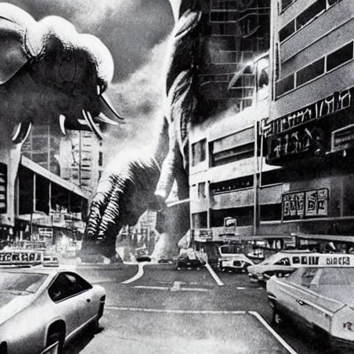 Prompt: giant elephant destroying tokyo in the style of the movie godzilla, cinematic lighting, cinematic framing and shadows 1 9 7 0 s aesthetic