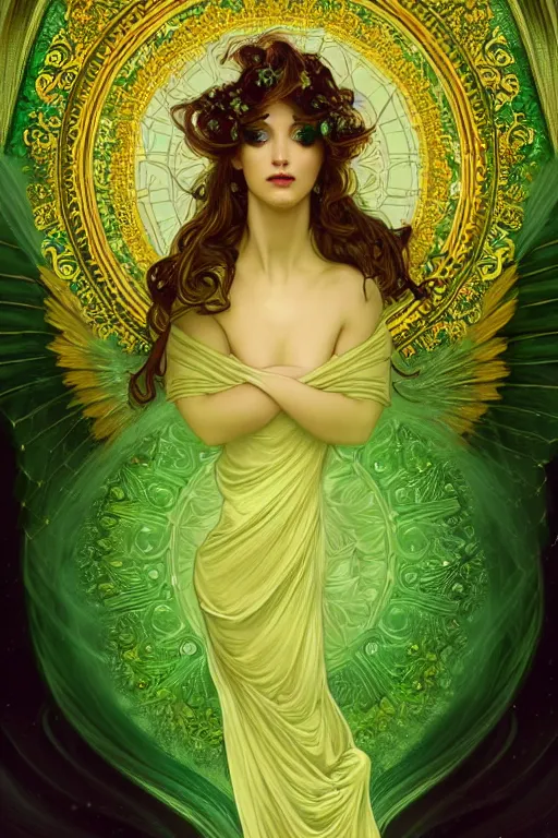 Prompt: a magic the gattering illustration of a woman angel , fantasy, gradient black green gold, dreamy and ethereal, green eyes, golden ratio, peaceful expression, ornate frilly dress, fantasy, intricate, elegant, rainbow splash of ink, highly detailed, digital painting, artstation, concept art, smooth,b sharp focus, illustration, art by scott fisher and alphonse mucha