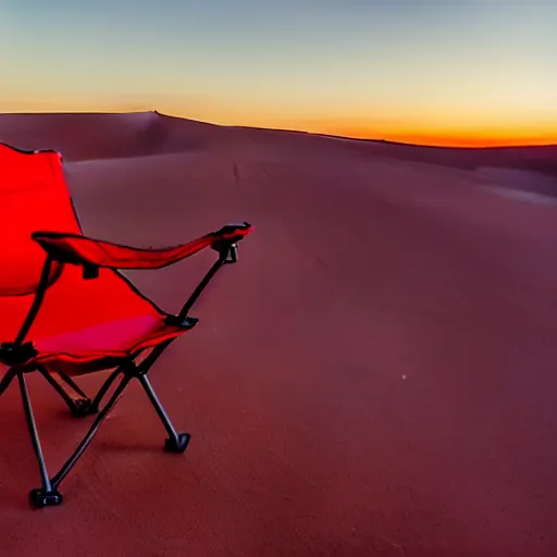 Image similar to a red camping chair in the middle of the sahara desert. the chair is far away from the camera.