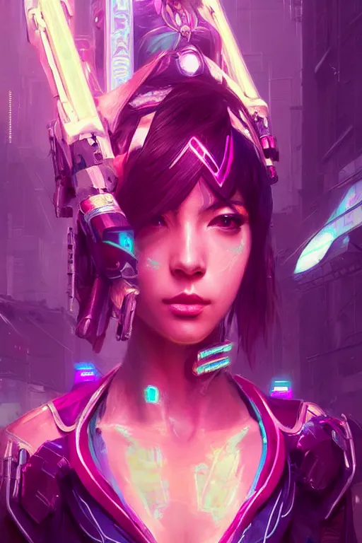 Image similar to fiora from league of legends, cyberpunk futuristic neon. decorated with traditional japanese ornaments by ismail inceoglu dragan bibin hans thoma greg rutkowski alexandros pyromallis nekro rene maritte illustrated, perfect face, fine details, realistic shaded, fine - face, pretty face, masterpiece