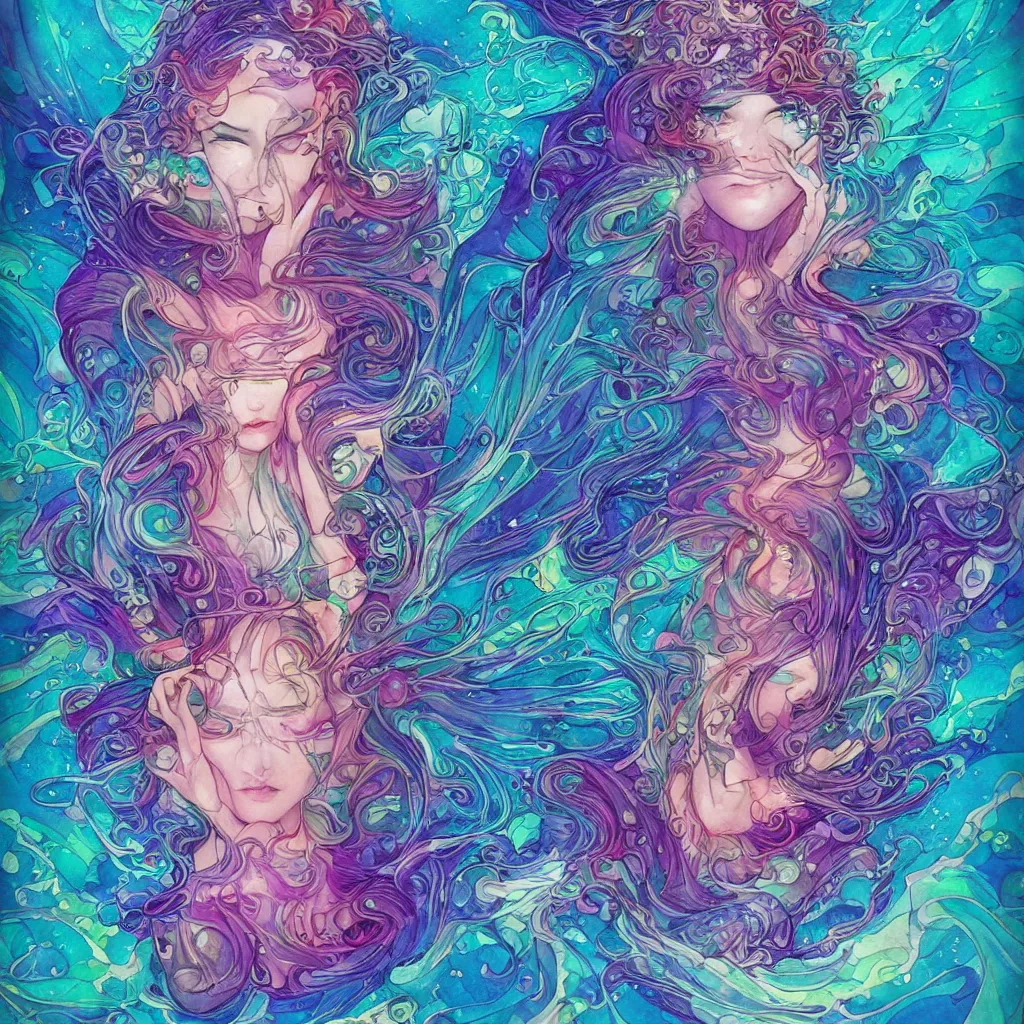 Image similar to in the holy ocean, kaleidoscope, psychedelic, cosmic energy by kelly mckernan, yoshitaka amano, hiroshi yoshida, moebius, artgerm, cool tone gothic colors, inspired by dnd, iridescent aesthetic