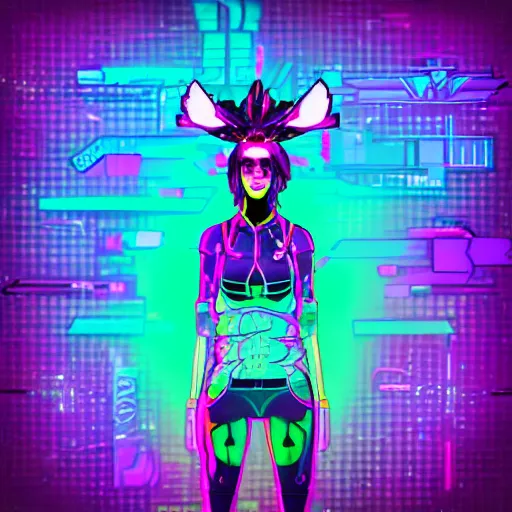 Prompt: cyberpunk character in abstract neon tokyo animation style, cyborg headdress, full body character