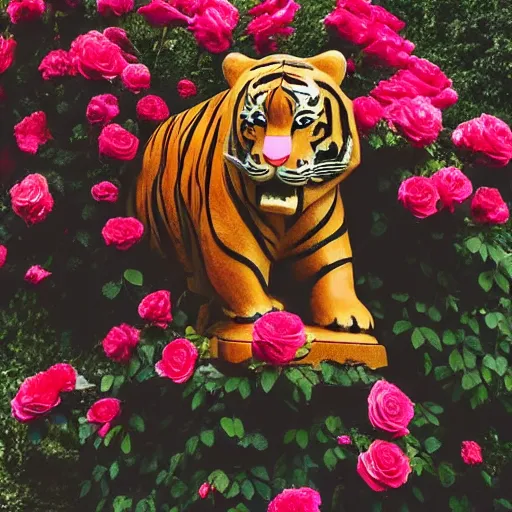 Image similar to a statue of a tiger [ fabricated with [ roses ]!! ], [ 4 k photorealism ]!!, best of unsplash, trending on unsplash, unsplash contest winner