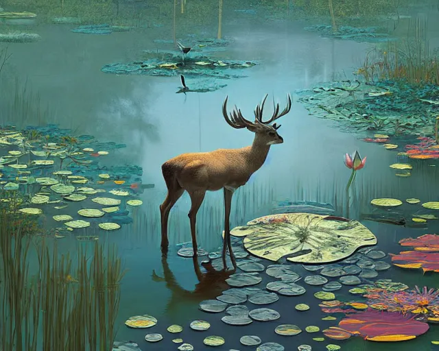 Prompt: a deer spirit walking in shallow water, surrounded by lily pads, digital art, illustrated by james gurney and victo ngai