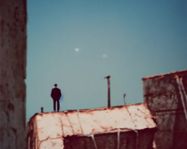 Image similar to lomo photo of man standing on the roof of soviet hrushevka, small town, cinestill, bokeh, out of focus